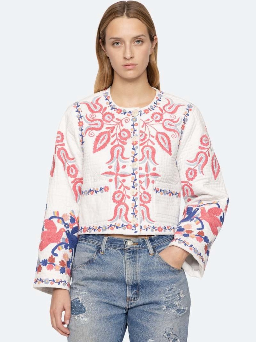NWT $650 Sea New York Embroidered FloralWhite Cotton Cropped Jacket